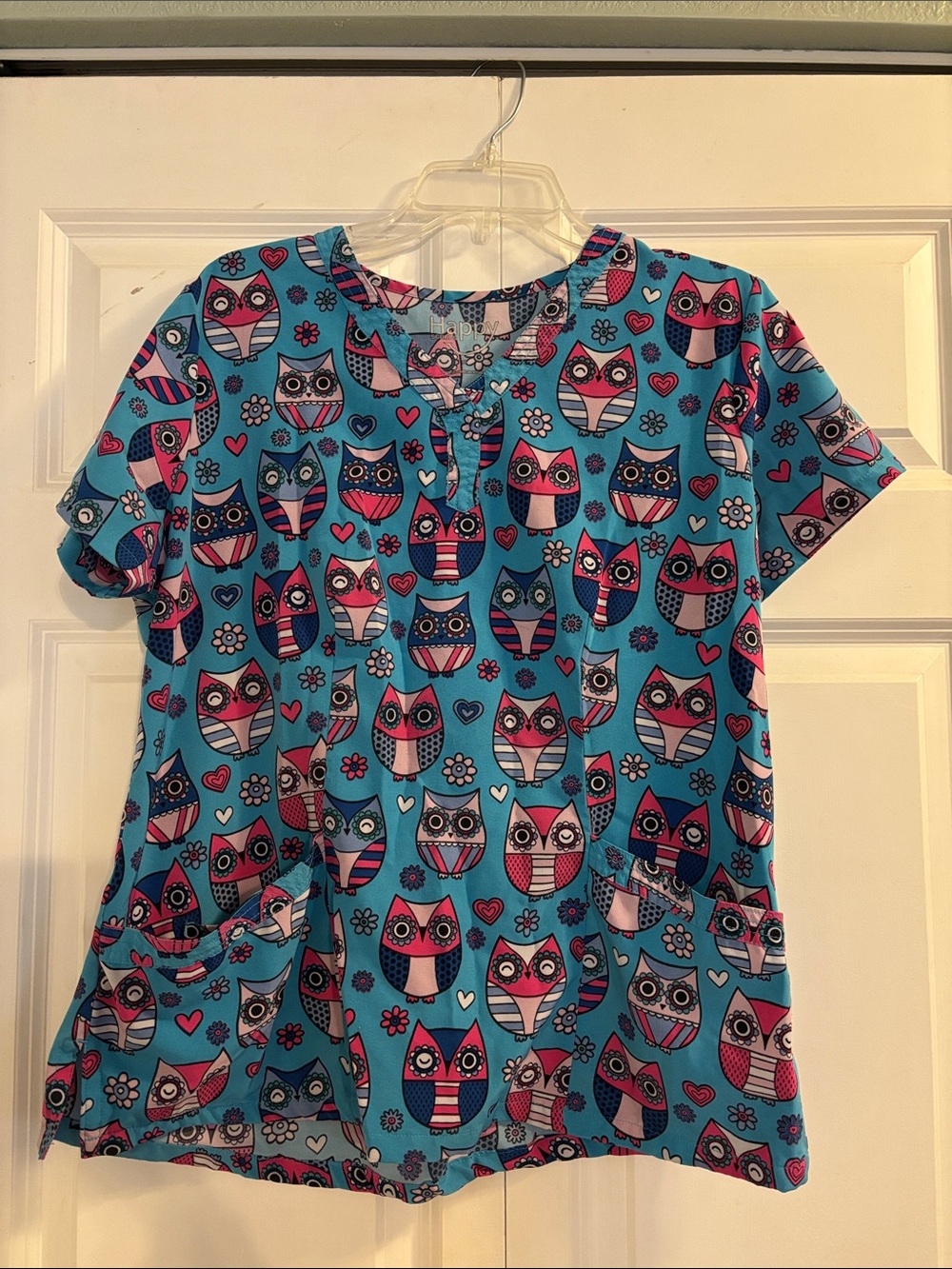 Smart Scrubs Turquoise Owl Print Short Sleeve Top with Pink Accents